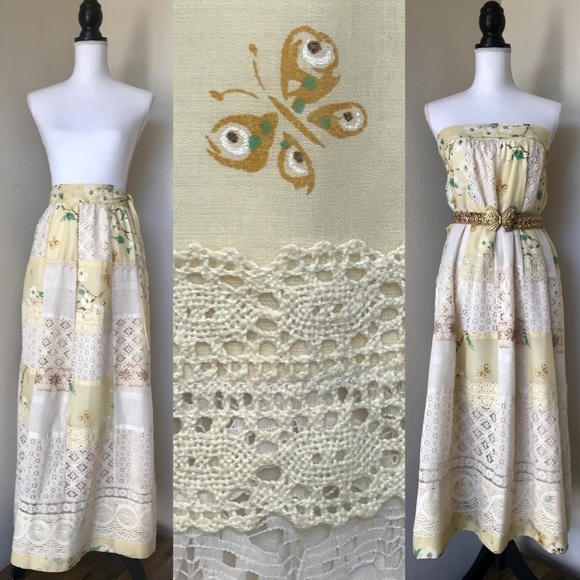 Vintage Dresses & Skirts - 70s Prairie Patchwork Butterflies & Lace Skirt S/M